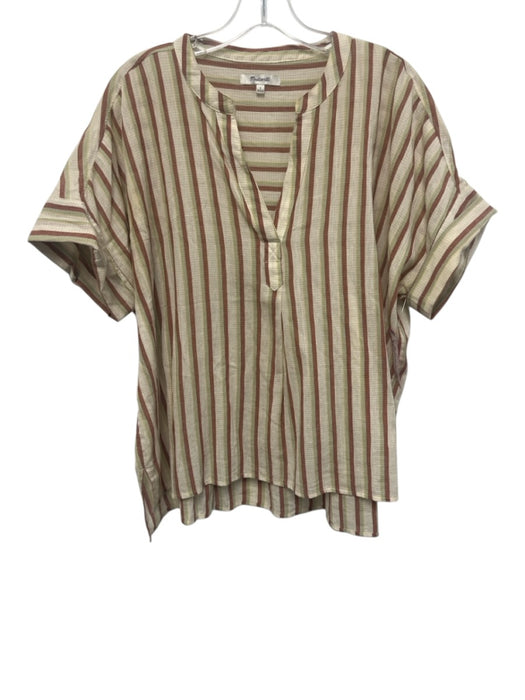 Madewell Size L Brown, Green, Multi Cotton Short Sleeve Striped Split V neck Top Brown, Green, Multi / L