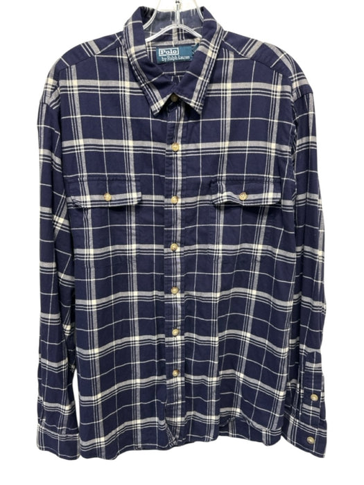 Polo Size XL Navy & White Cotton Plaid Flannel Button up Men's Long Sleeve Shirt Navy & White / XL
