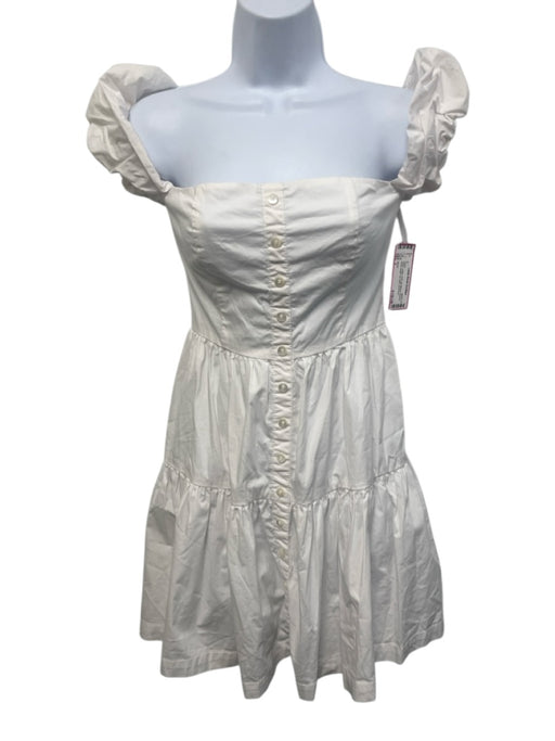 Staud Size 2 White Cotton Puff Cap Sleeve Buttons Knee Length Zip Back Dress White / 2