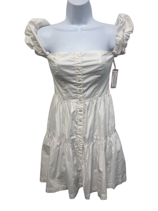 Staud Size 2 White Cotton Puff Cap Sleeve Buttons Knee Length Zip Back Dress White / 2