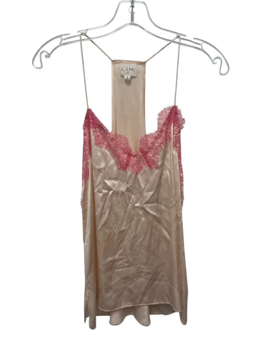 Cami NYC Size S Champagne & Pink Print Silk Sleeveless Tank Lace Detail Top Champagne & Pink Print / S