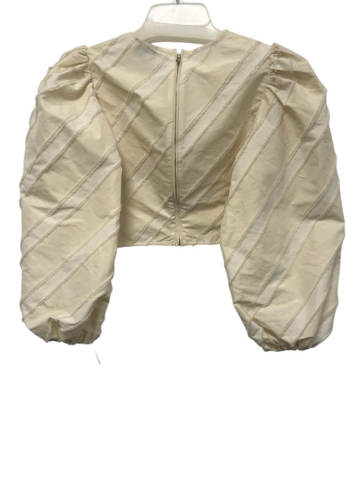 Ganni Size 36 White & Beige Polyester Crop Long Puff Sleeve Diagnol Stripe Top White & Beige / 36