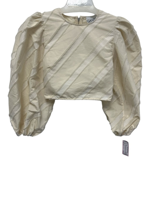 Ganni Size 36 White & Beige Polyester Crop Long Puff Sleeve Diagnol Stripe Top White & Beige / 36