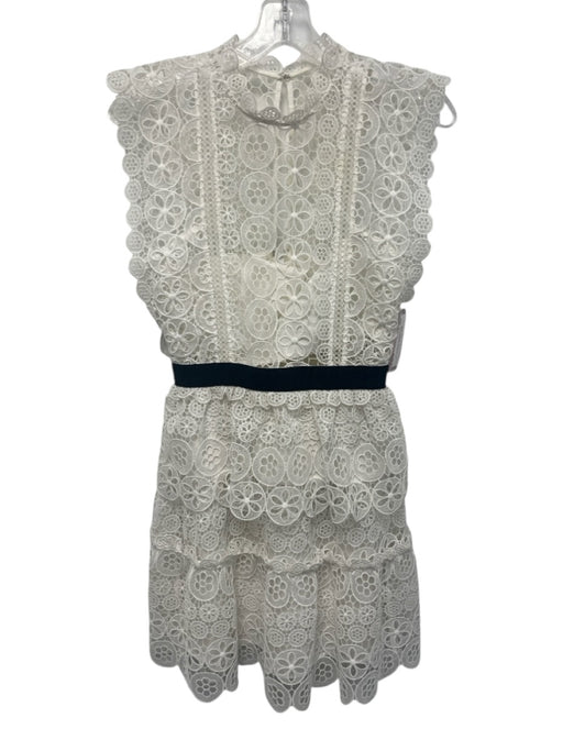 Self Portrait Size 2 White Polyester Cap Sleeve Embroidered Slip Tiered Dress White / 2