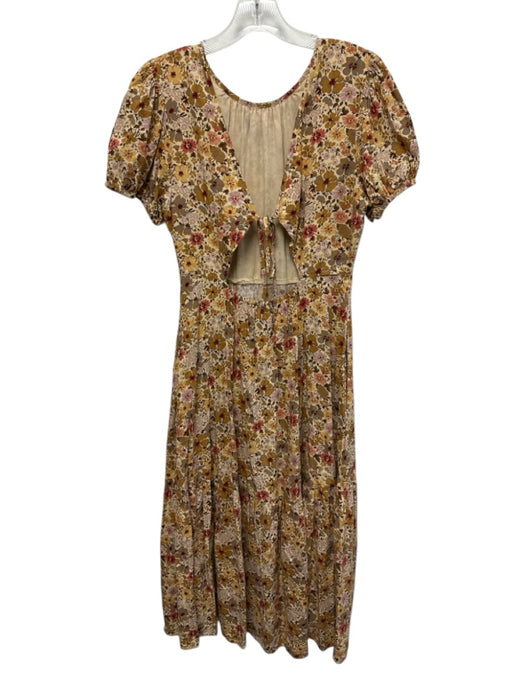 Madewell Size 6 Yellow, Pink, Brown Cotton Short Puff Sleeve Floral Print Dress Yellow, Pink, Brown / 6