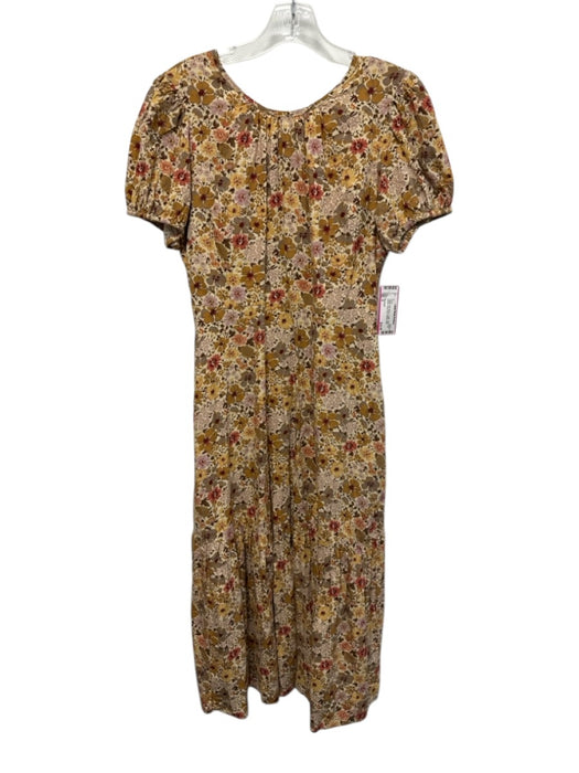 Madewell Size 6 Yellow, Pink, Brown Cotton Short Puff Sleeve Floral Print Dress Yellow, Pink, Brown / 6