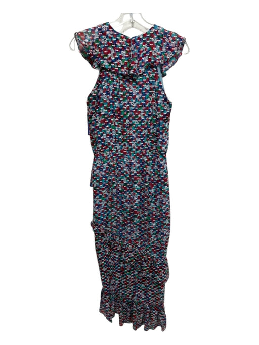 Saloni Size 6 Teal, Green, White Silk Ruffle Cap Sleeve Abstract Floral Dress Teal, Green, White / 6