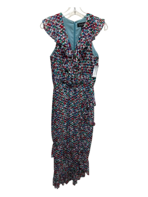 Saloni Size 6 Teal, Green, White Silk Ruffle Cap Sleeve Abstract Floral Dress Teal, Green, White / 6