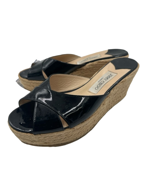 Jimmy Choo Shoe Size 40 Black & Tan Patent Leather Jute Criss Cross Wedges Black & Tan / 40