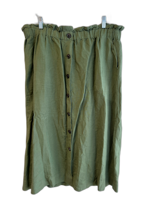 Madewell Size XL Green Linen Blend Button Down Elastic Waist Knee Length Skirt Green / XL