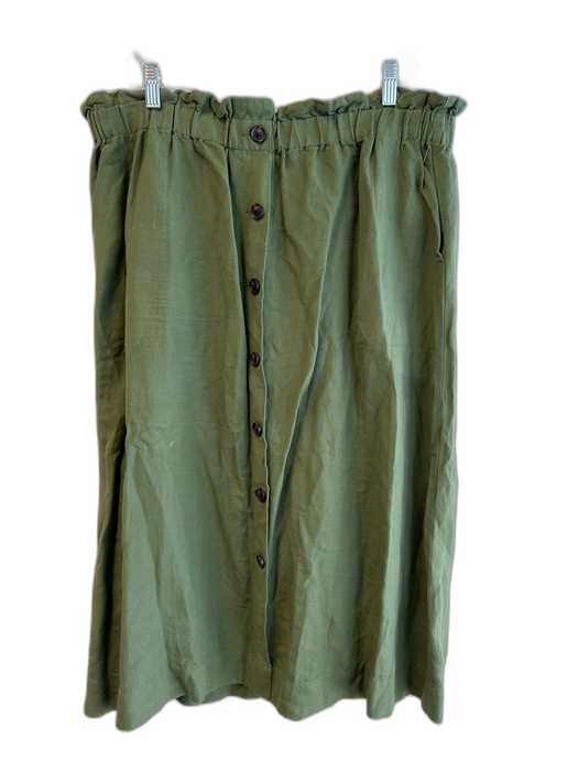 Madewell Size XL Green Linen Blend Button Down Elastic Waist Knee Length Skirt Green / XL