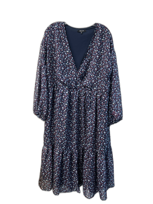 Madewell Size L Navy, Red & Yellow Polyester V Neck Puff Sleeve Dress Navy, Red & Yellow / L