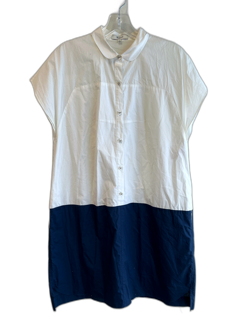 Madewell Size L White & Navy Cotton Button Up Short Sleeve Side Pocket Dress White & Navy / L