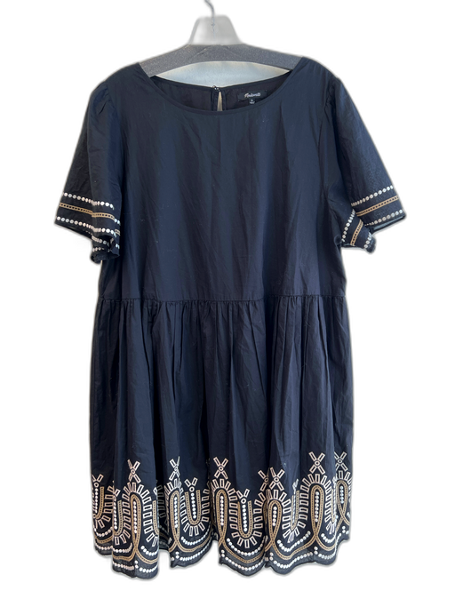 Madewell Size L Black Tan & Cream Cotton Embroidered Knee Length Dress Black Tan & Cream / L