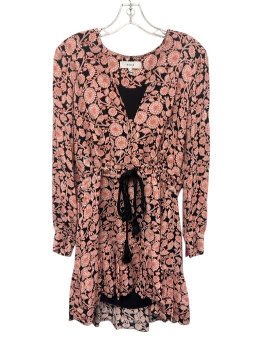 Reiss Size 4 Orange, White, Black Viscose Long Sleeve Floral Print V Neck Dress Orange, White, Black / 4