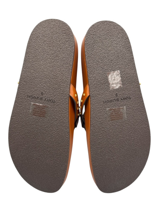 Tory Burch Shoe Size 9 Tan Brown Leather Upper Gold Tone Details Logo Sandals Tan Brown / 9