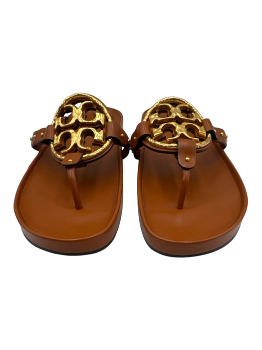 Tory Burch Shoe Size 9 Tan Brown Leather Upper Gold Tone Details Logo Sandals Tan Brown / 9