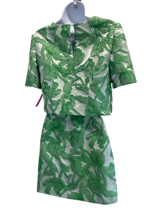 Milly Size 0/P Green Polyester Floral Jacquard Short Sleeve Back Zip Skirt Set Green / 0/P