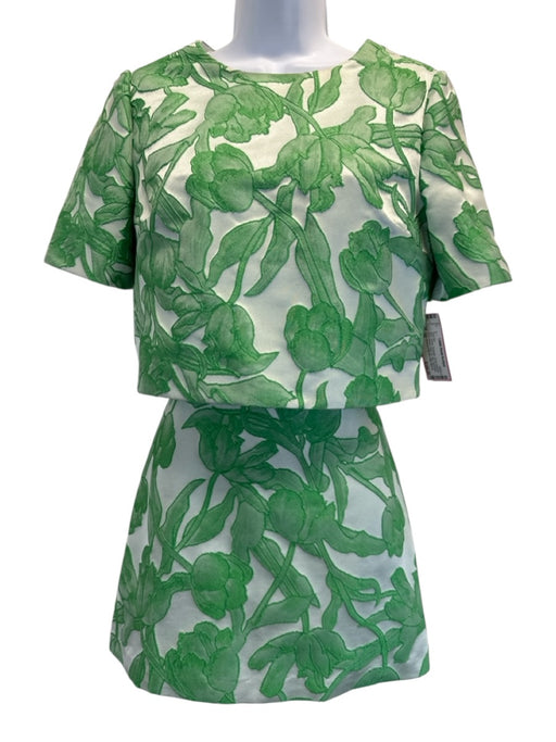 Milly Size 0/P Green Polyester Floral Jacquard Short Sleeve Back Zip Skirt Set Green / 0/P