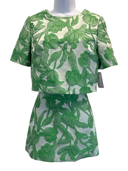 Milly Size 0/P Green Polyester Floral Jacquard Short Sleeve Back Zip Skirt Set Green / 0/P