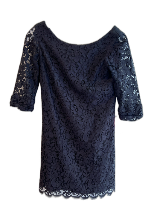 Shoshanna Size 0 Black Cotton 3/4 Sleeve Lace Overlay Round Neck Back Zip Dress Black / 0