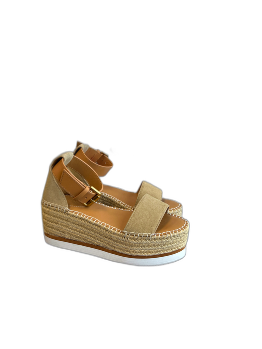 See By Chloe Shoe Size 35 Brown Leather & Canvas Woven Open Toe Espadrille Shoes Brown / 35