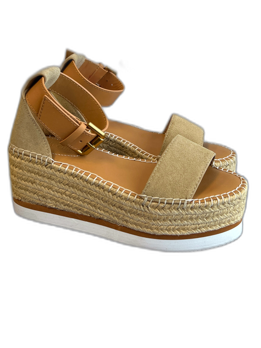 See By Chloe Shoe Size 35 Brown Leather & Canvas Woven Open Toe Espadrille Shoes Brown / 35