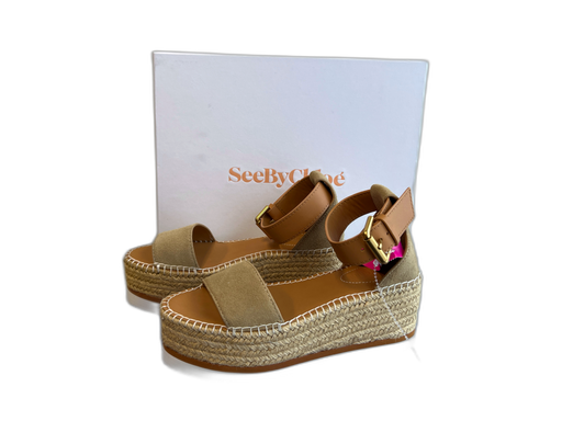 See By Chloe Shoe Size 35 Brown Leather & Canvas Woven Open Toe Espadrille Shoes Brown / 35