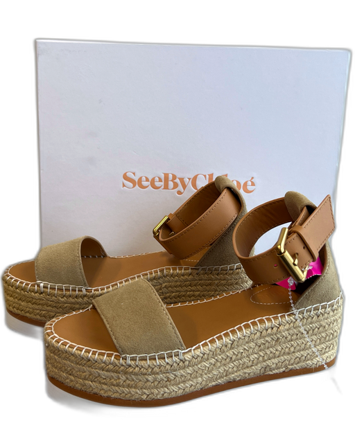 See By Chloe Shoe Size 35 Brown Leather & Canvas Woven Open Toe Espadrille Shoes Brown / 35