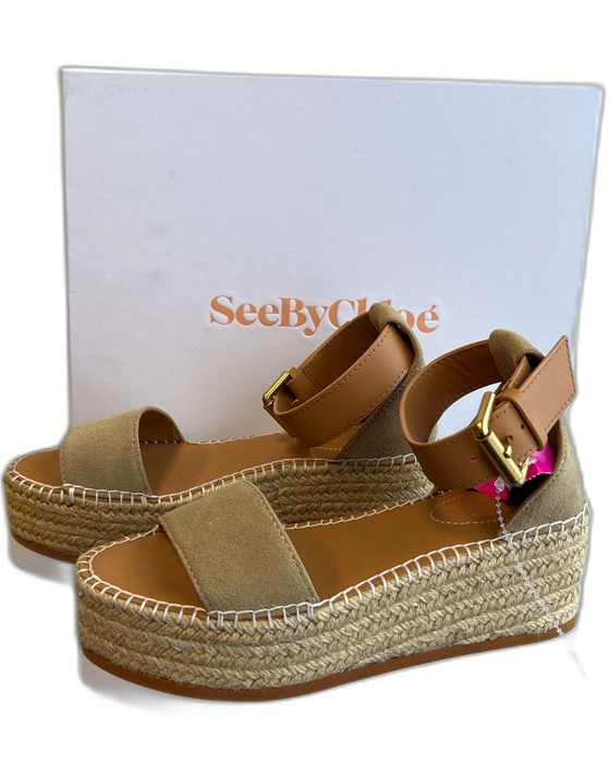 See By Chloe Shoe Size 35 Brown Leather & Canvas Woven Open Toe Espadrille Shoes Brown / 35
