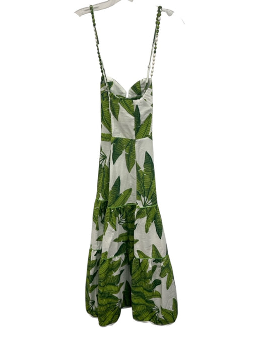 Farm Rio Size S White & Green Cotton Tiered Botanical Print Sleeveless Dress White & Green / S