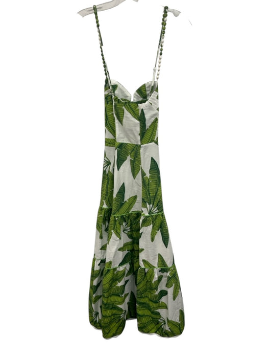 Farm Rio Size S White & Green Cotton Tiered Botanical Print Sleeveless Dress White & Green / S