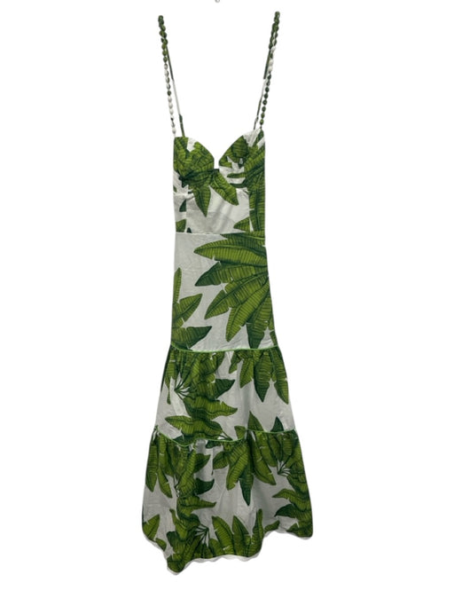 Farm Rio Size S White & Green Cotton Tiered Botanical Print Sleeveless Dress White & Green / S