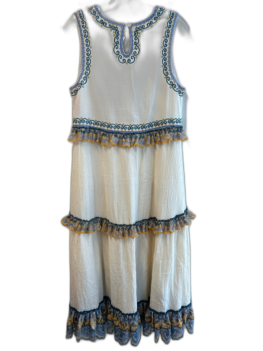 Leon Max Size Medium Beige & Multi Cotton V Neck Sleeveless Tiered Dress Beige & Multi / Medium