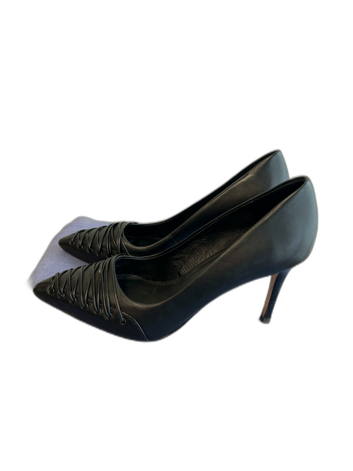 Elie Tahari Shoe Size 37.5 Black Leather Pointed Toe Lace design Stiletto Shoes Black / 37.5
