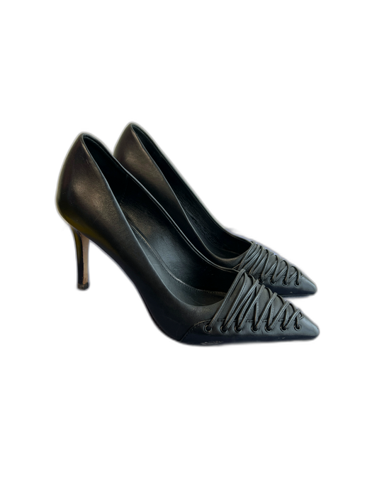Elie Tahari Shoe Size 37.5 Black Leather Pointed Toe Lace design Stiletto Shoes Black / 37.5