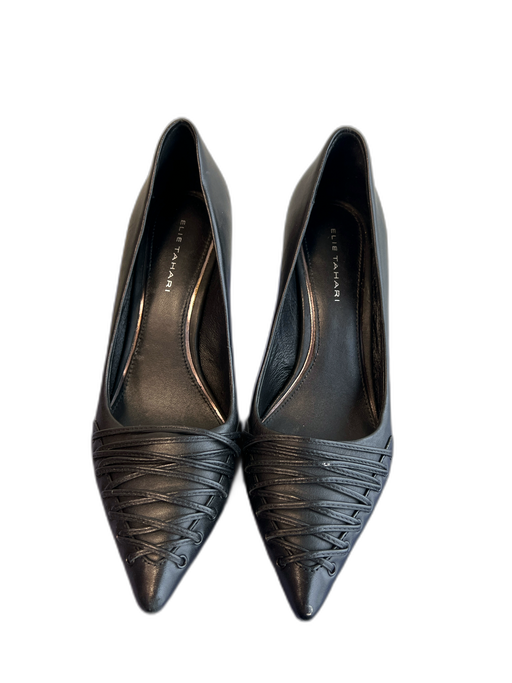 Elie Tahari Shoe Size 37.5 Black Leather Pointed Toe Lace design Stiletto Shoes Black / 37.5