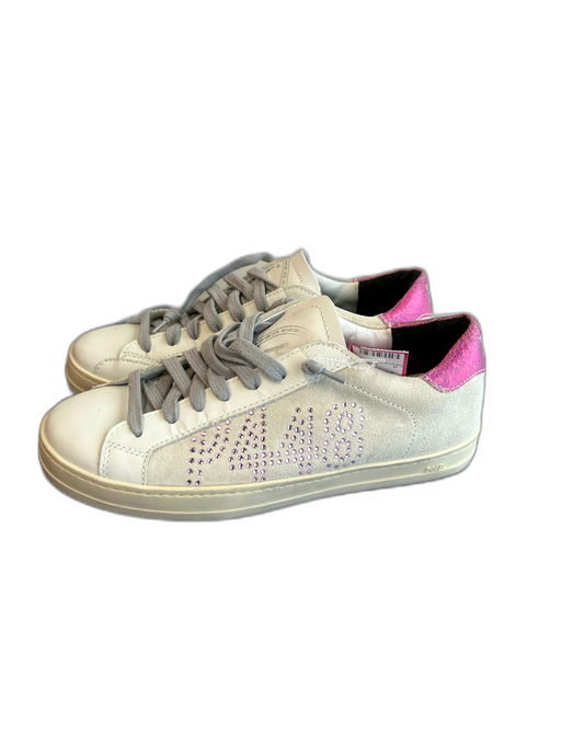P448 Shoe Size 38 White & Pink Leather Suede Bedazzled Lace Up Sneaker Shoes White & Pink / 38