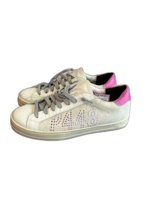 P448 Shoe Size 38 White & Pink Leather Suede Bedazzled Lace Up Sneaker Shoes White & Pink / 38