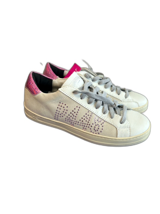 P448 Shoe Size 38 White & Pink Leather Suede Bedazzled Lace Up Sneaker Shoes White & Pink / 38
