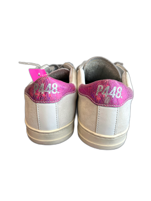 P448 Shoe Size 38 White & Pink Leather Suede Bedazzled Lace Up Sneaker Shoes White & Pink / 38