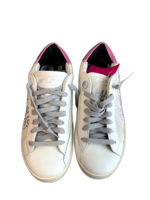 P448 Shoe Size 38 White & Pink Leather Suede Bedazzled Lace Up Sneaker Shoes White & Pink / 38