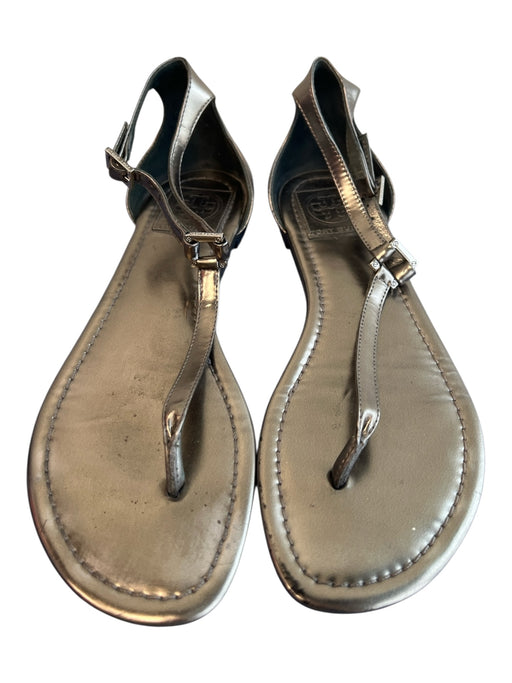 Tory Burch Shoe Size 8 Silver Leather Sandal Ankle Strap Logo Flat Shoes Silver / 8