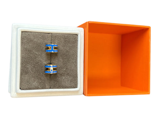 Hermes Blue & Gold Metal Stud H Logo Earrings Blue & Gold