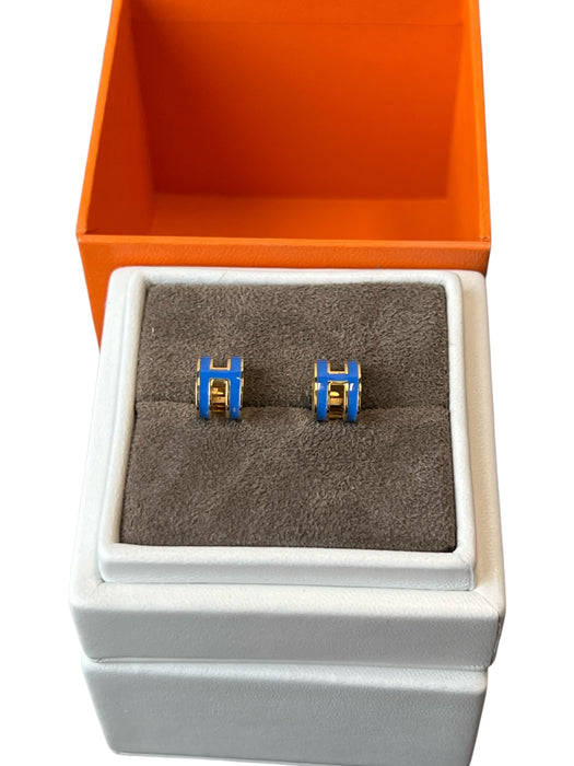 Hermes Blue & Gold Metal Stud H Logo Earrings Blue & Gold