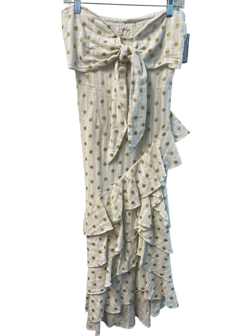 Sundress Size L Beige & Gold Cotton Strapless Tie Detail Flower Detail Dress Beige & Gold / L