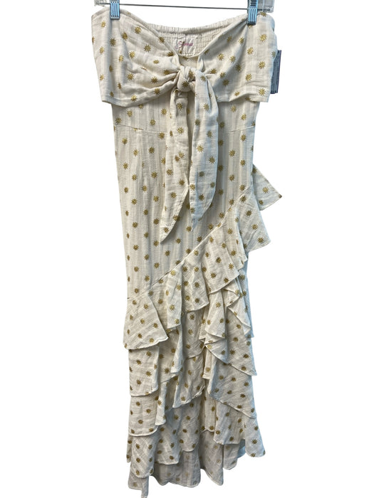 Sundress Size L Beige & Gold Cotton Strapless Tie Detail Flower Detail Dress Beige & Gold / L