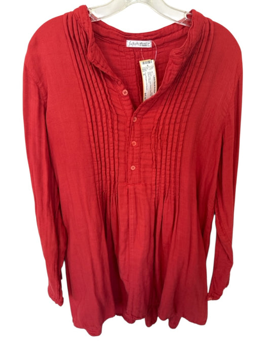 Free People x CP Shades Size S Red Cotton Long Sleeve Pleat Detail Buttons Dress Red / S