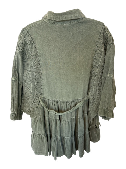 Free People Size S Green Cotton Long Balloon Sleeve Front Zip Belted Dress Green / S