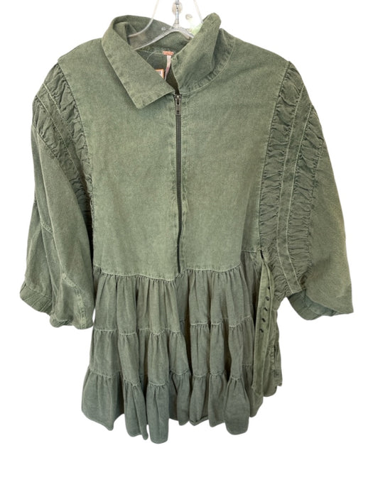 Free People Size S Green Cotton Long Balloon Sleeve Front Zip Belted Dress Green / S